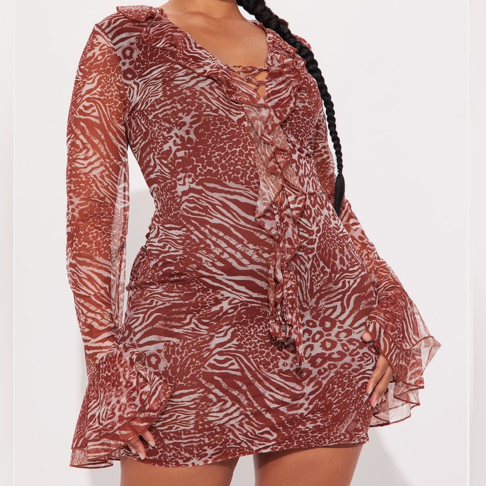 Animal Print Long Sleeve Mesh Mini Dress